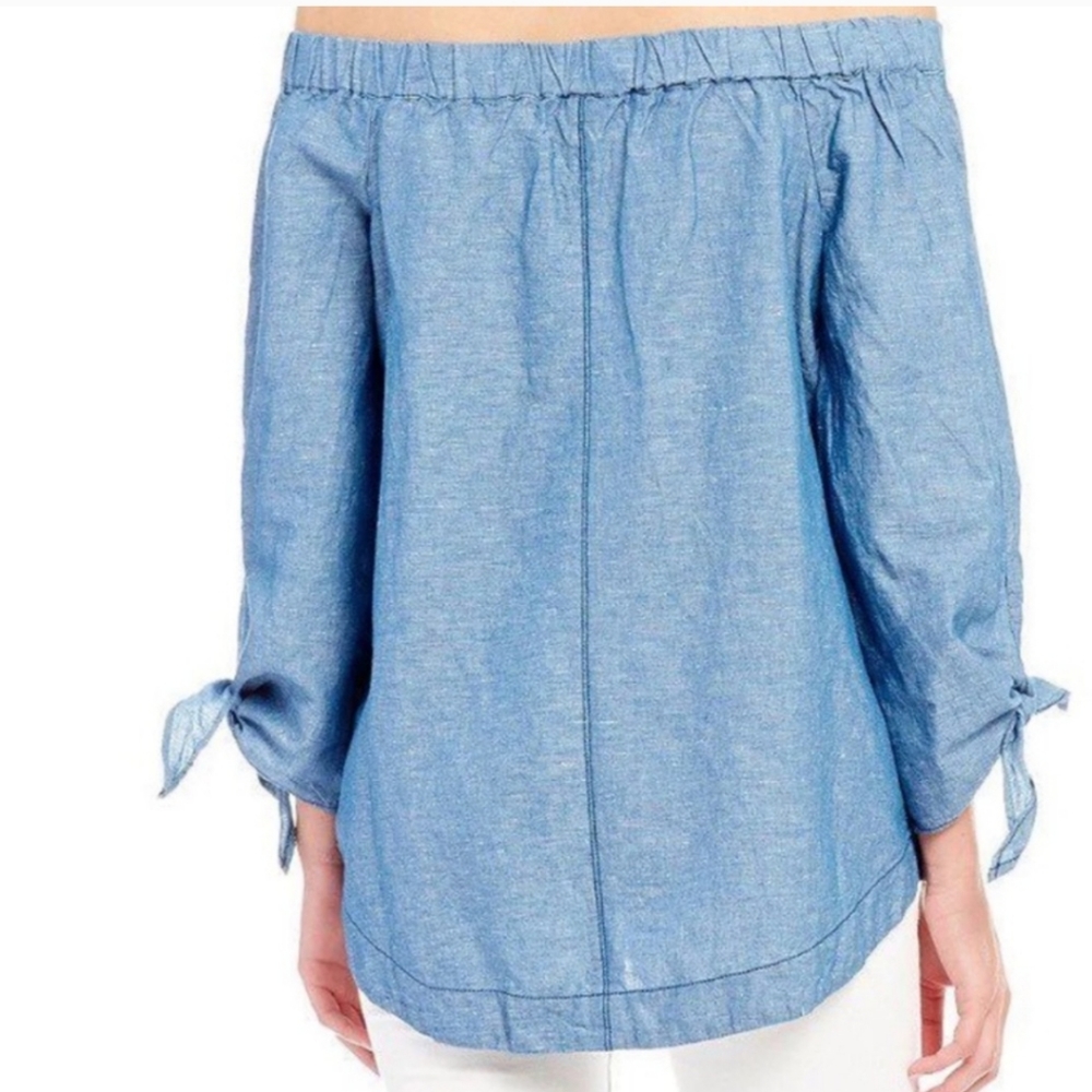 Free People Top S Off Shoulder Jean Denim 52%cotton 48%linen Long Sleeve - Picture 4 of 10